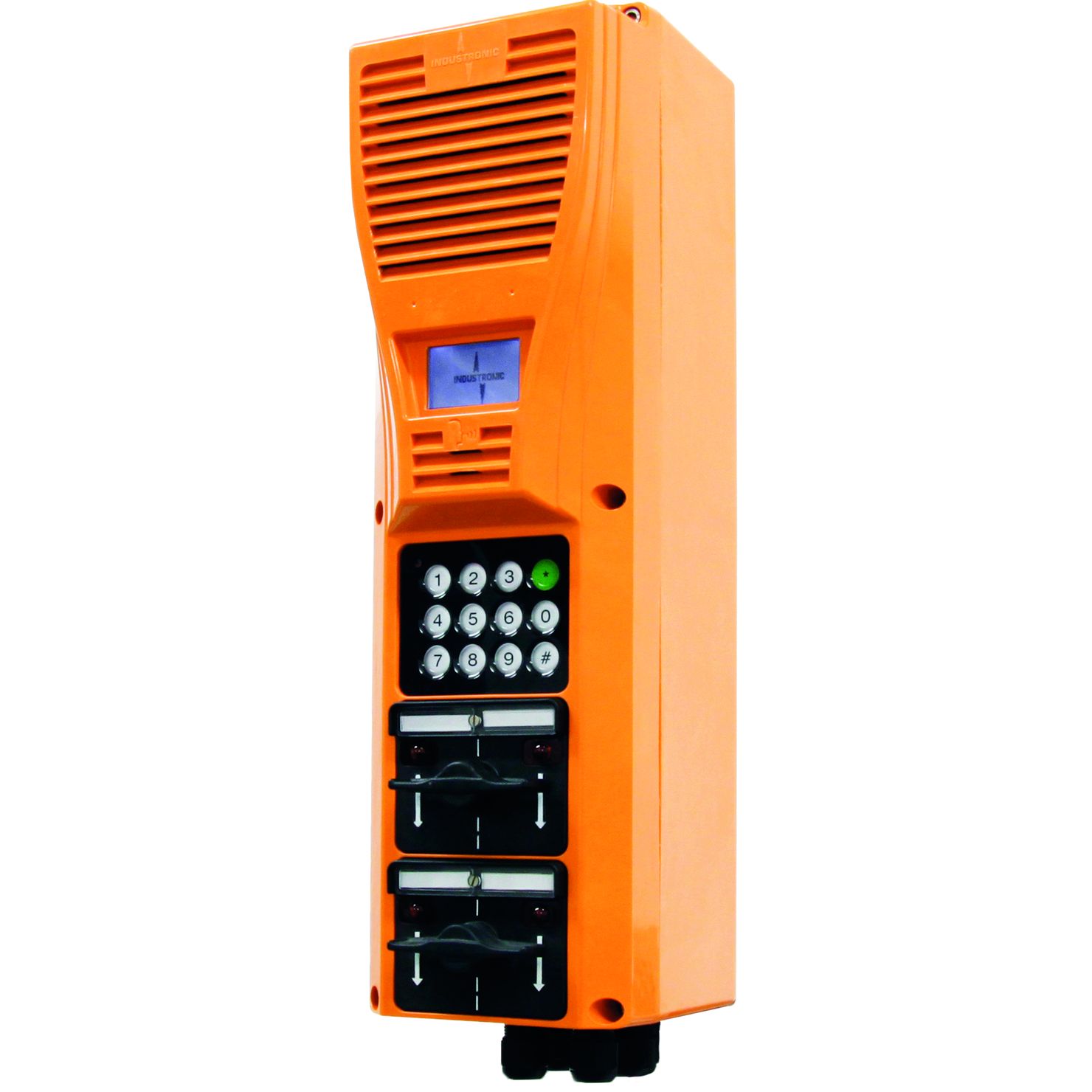 The weather-proof IP outdoor (harsh environment) intercom stations of the NRO xx2/D series with integrated dial keypad are part of the INTRON-D plus communication and public address system from INDUSTRONIC.