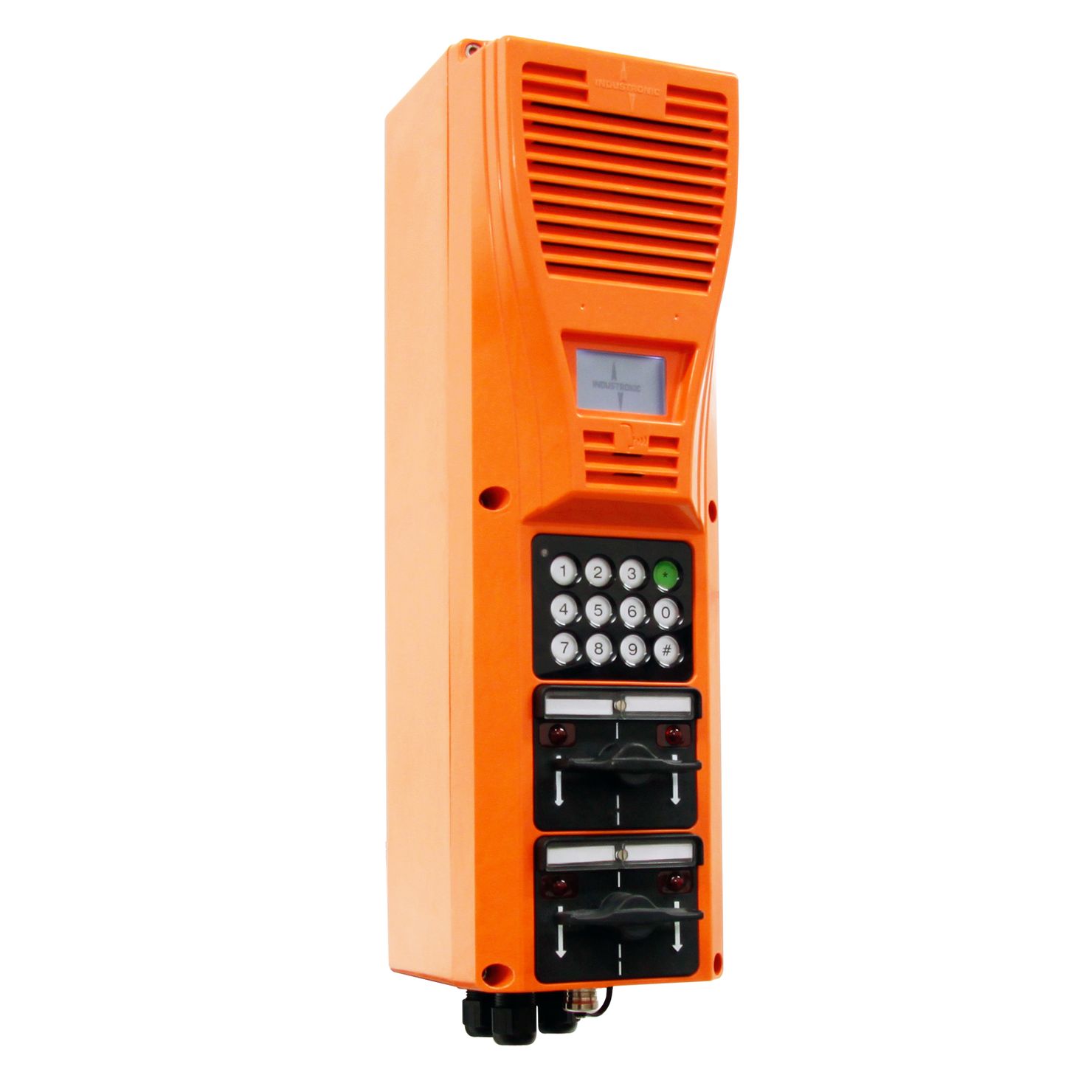 The weather-proof IP outdoor (harsh environment) intercom stations of the NRO xx/DE series with integrated dial keypad are part of the INTRON-D plus communication and public address system from INDUSTRONIC.